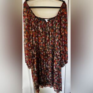 LC Lauren Conrad Olive Floral Midi Dress with Burnt Orange & Pink Accents 3x